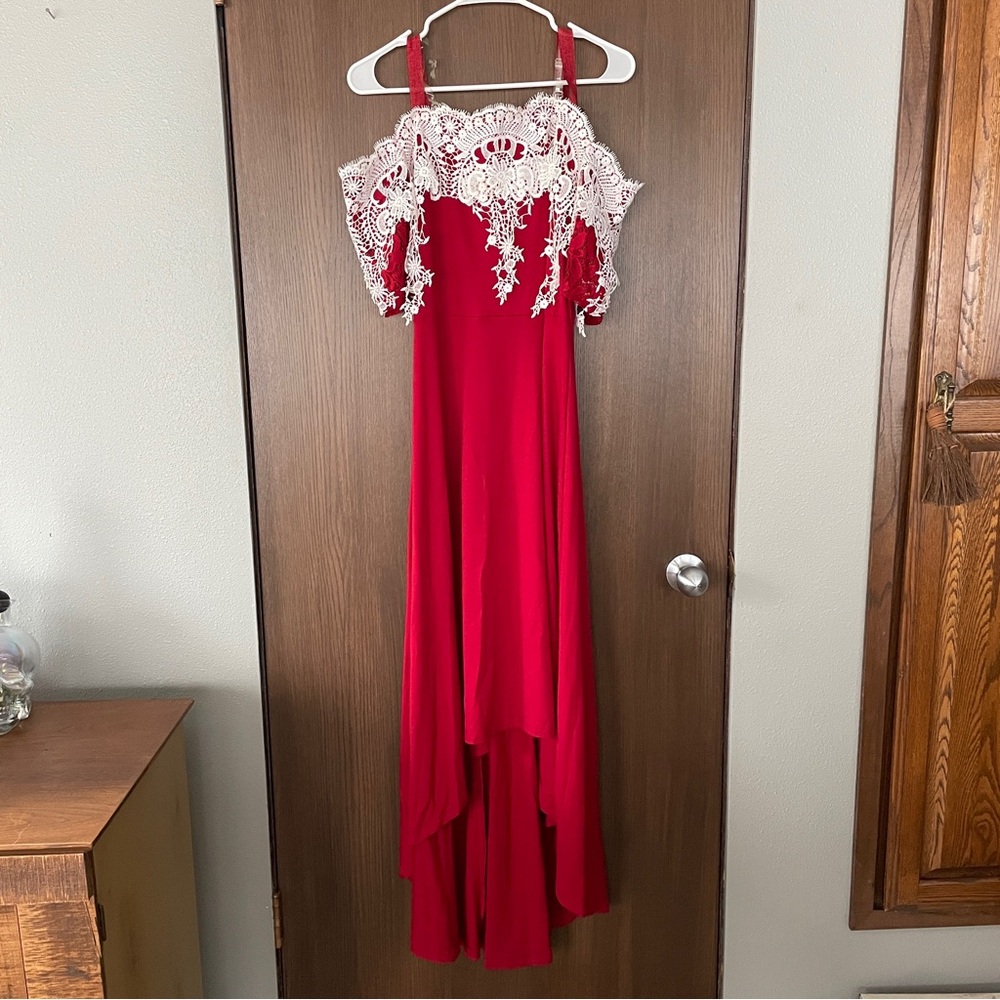 Red Dress with White Lace Overlay
